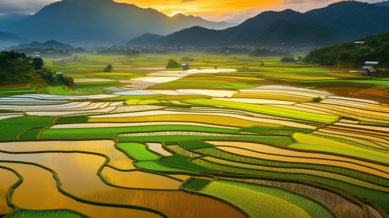 夏天颜色鲜艳的稻田梯田远景拍摄,高清,摄影图,摄影图片,图片大全,摄影图免费下载